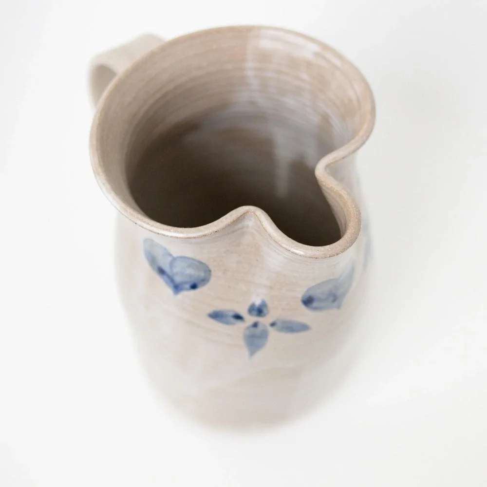 Vintage 1984 Buell Art Pottery Salt Glaze Pitcher Cobalt Hearts Flowers Signed